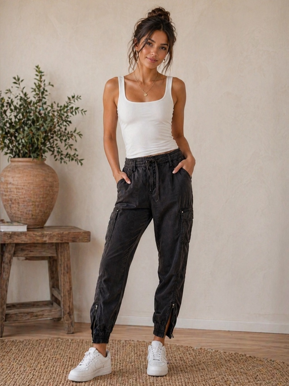 White House Black Market Lyocell Tapered Utility Pants‎ Zip Ankle Black Size 6